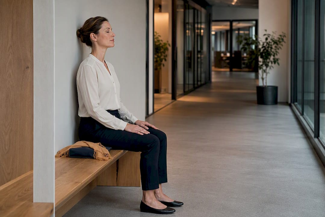 Person macht im Büro eine bewusste Atemübung