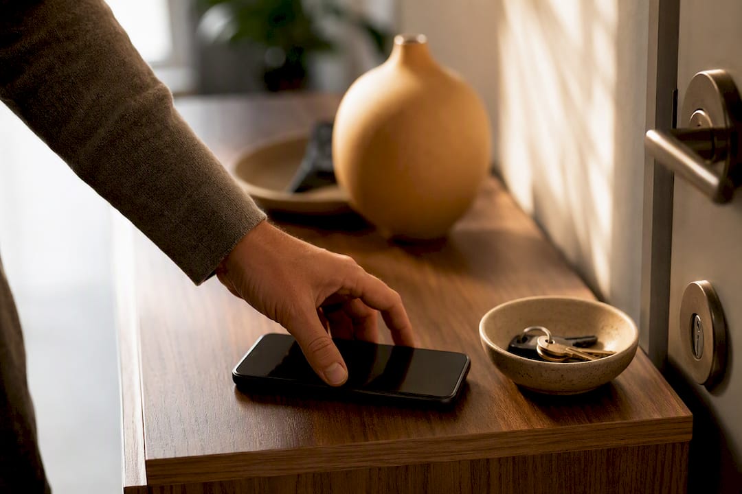 Hand legt das Smartphone nach Feierabend beiseite