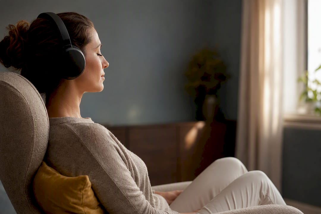 Person hört mit Kopfhörern binaurale Beats