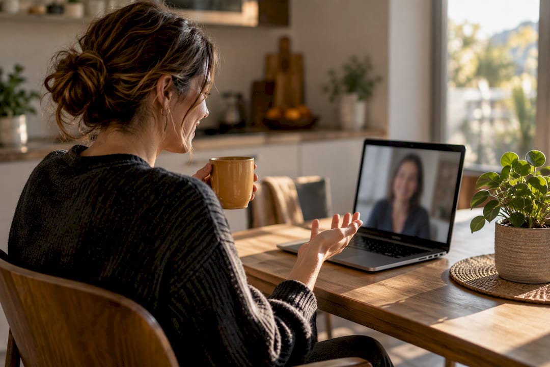 Virtueller Kaffeeklatsch mit einer Kollegin im Homeoffice