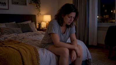 Gestresste Person liegt nachts wach im Bett