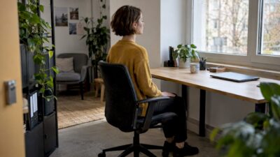 Frau entspannt sich kurz bei der Arbeit